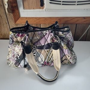 Brighton Shoulder Bag Tote Purple Floral Paisley Quilted Vinyl Leather Trim